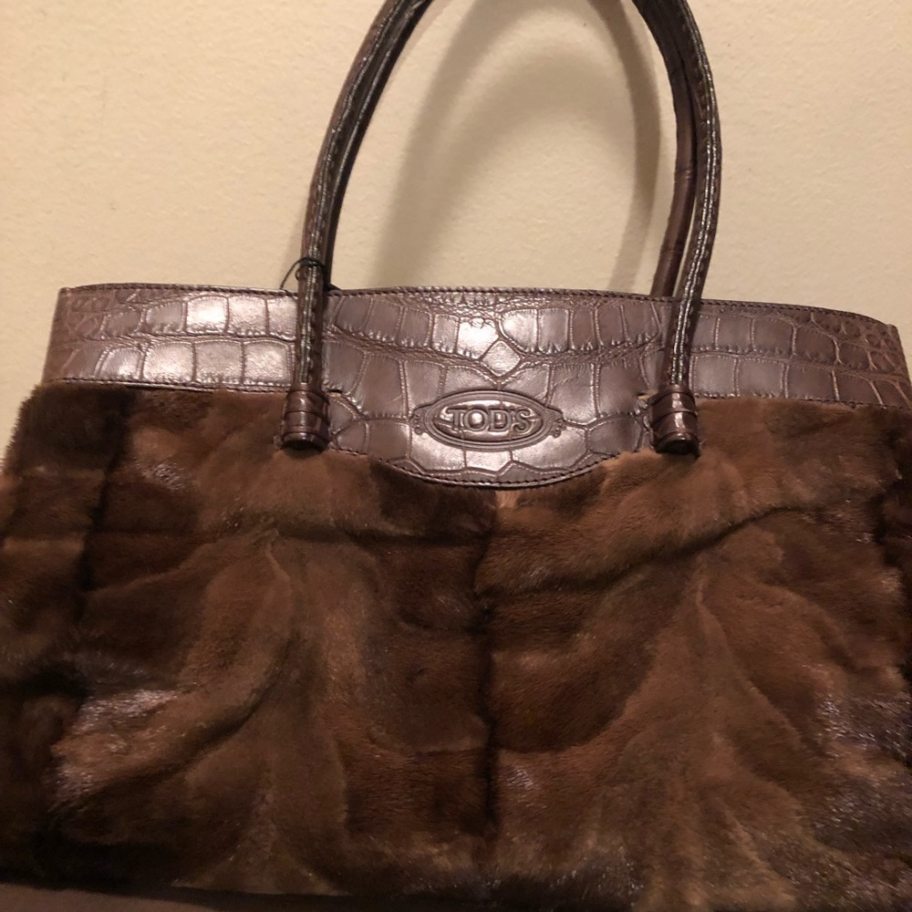 NEW Tods brown mink and crocodile embossed leather handle bag w/spec dustbag